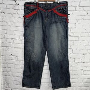 Marithe Francois Girbaud Denim Jeans Size 44 Red String Strap Embossed Baggy VTG